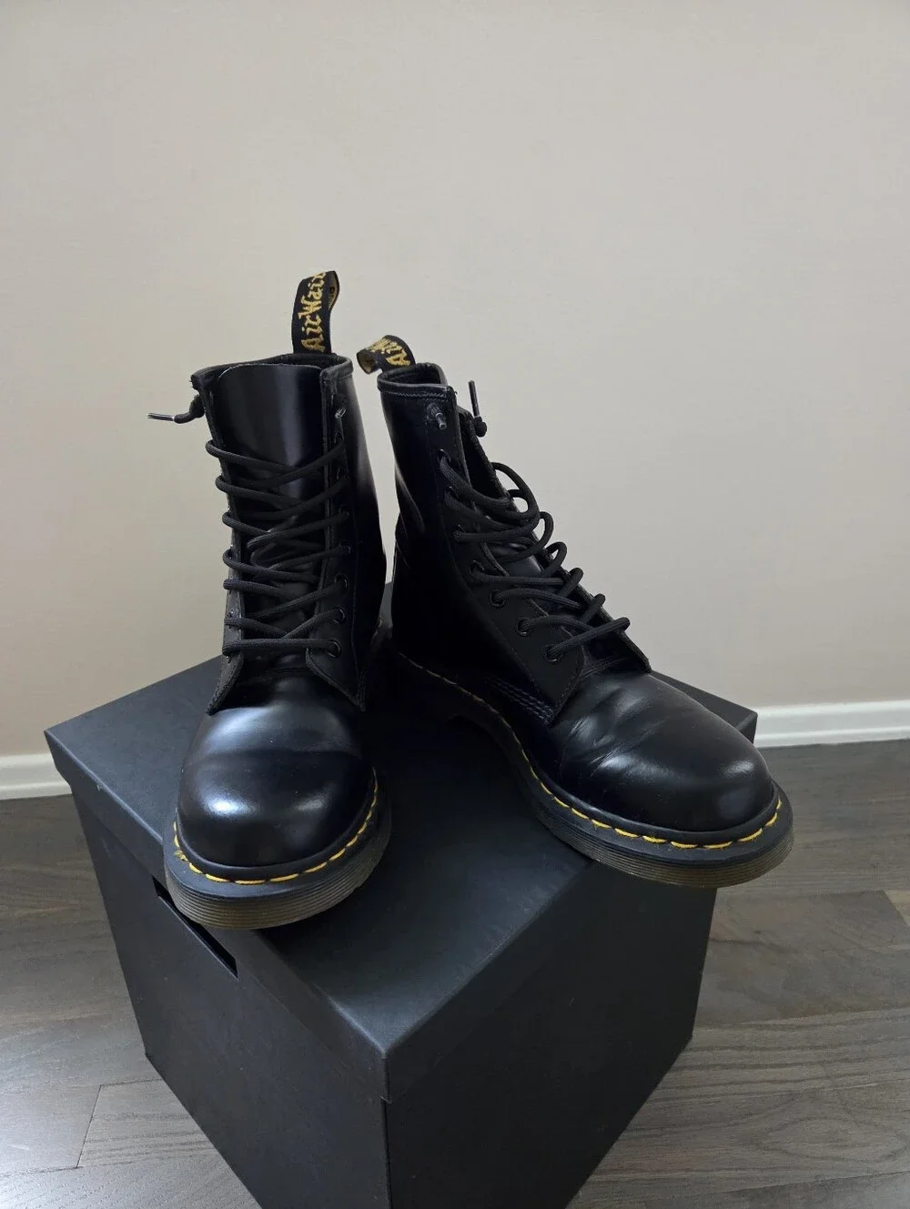 Dr. Martens Black Leather Lace-Up Combat Boots with Yellow Stitching - Picture 3 of 13